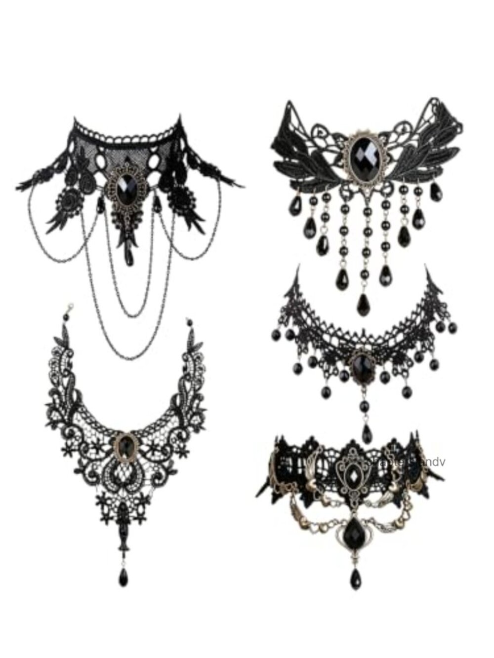 Lace Ribbon Choker Necklace Set Gothic Costume Jewelry 5 Piece Women